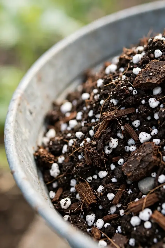 Homemade potting mix with perlite and compost for turmeric containers