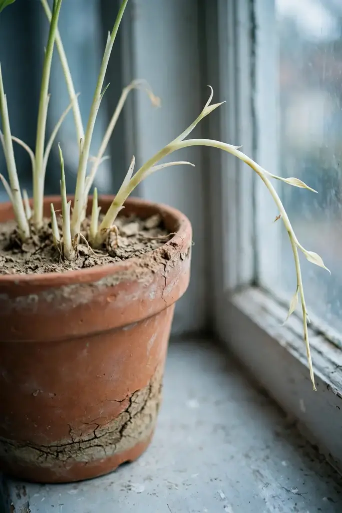 Stalled turmeric plant with pale shoots in a container