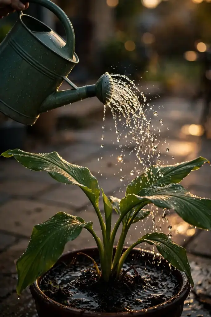 Water arcing from a watering can onto a potted turmeric plant at dusk