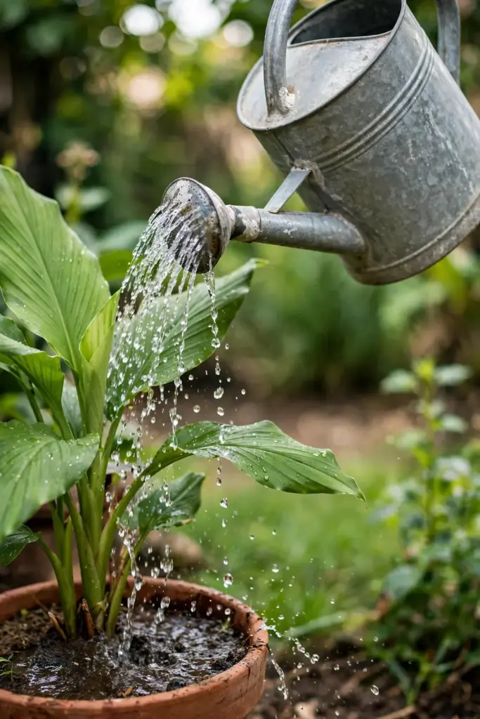 Watering a potted turmeric plant with a metal watering can