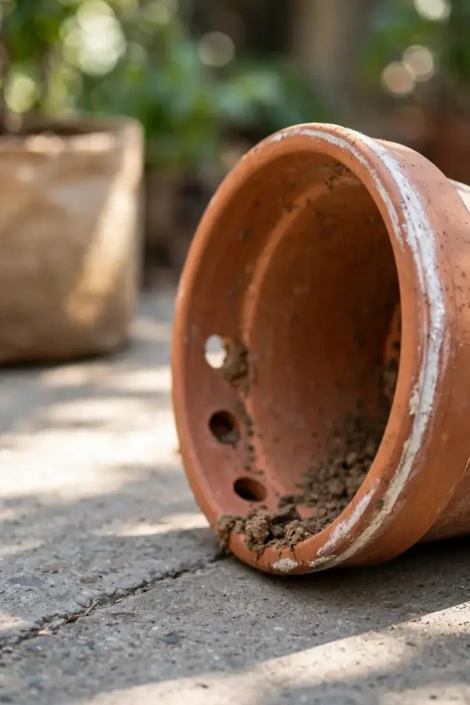 Wide shallow terracotta pot with drainage holes for growing turmeric