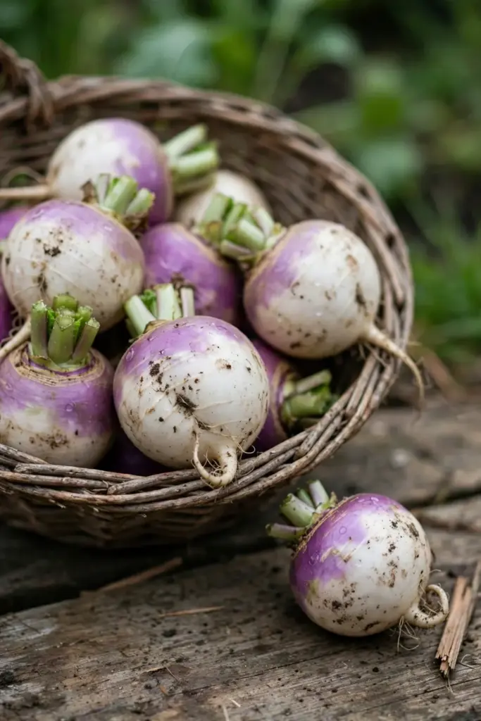 White and purple turnips piled in a woven basket with soil flecks