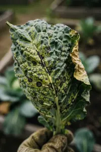 Mosaic cabbage leaf with black necrotic spots, steadied by a worn garden mitt