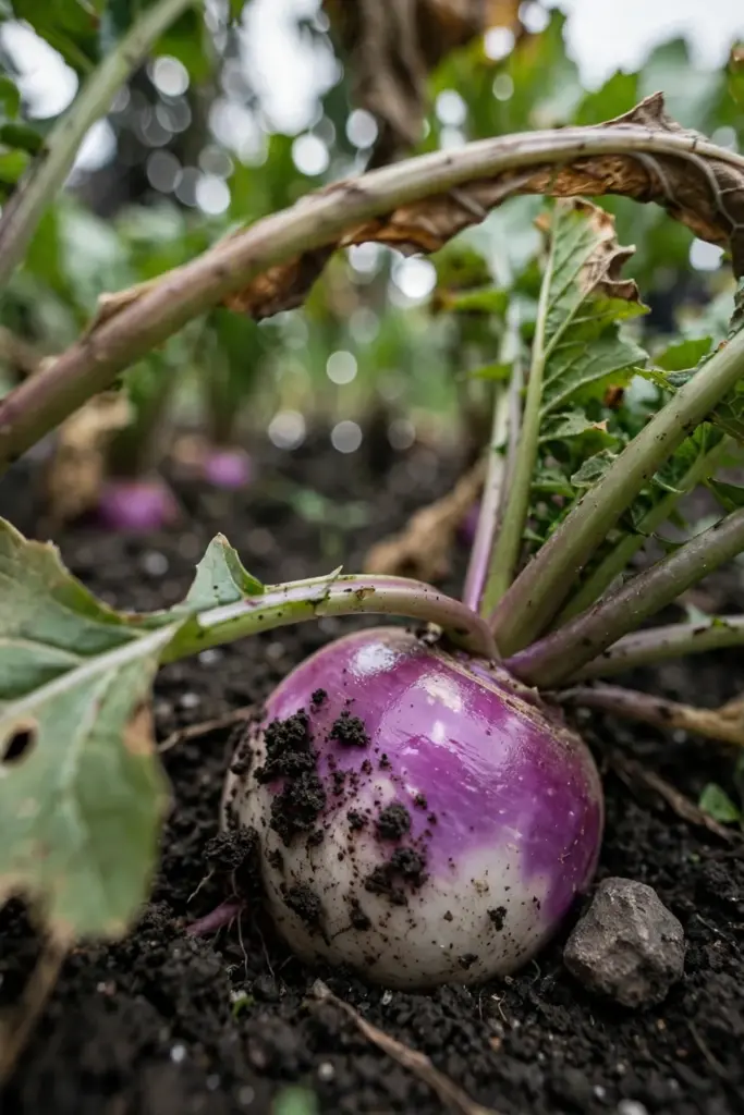 Purple-top turnip crown emerging from soil with broad leaves