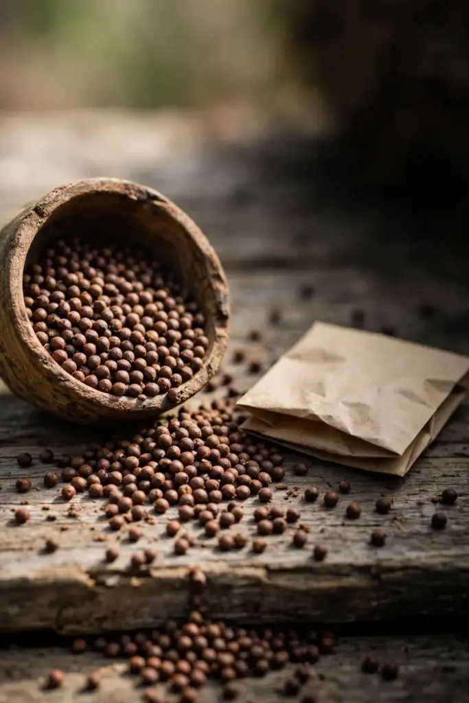 Turnip seeds spilling from a small wooden bowl.