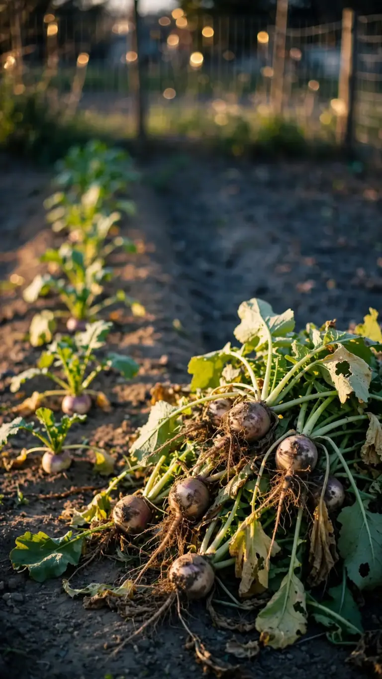 Thinned turnip row with pulled greens lying beside it
