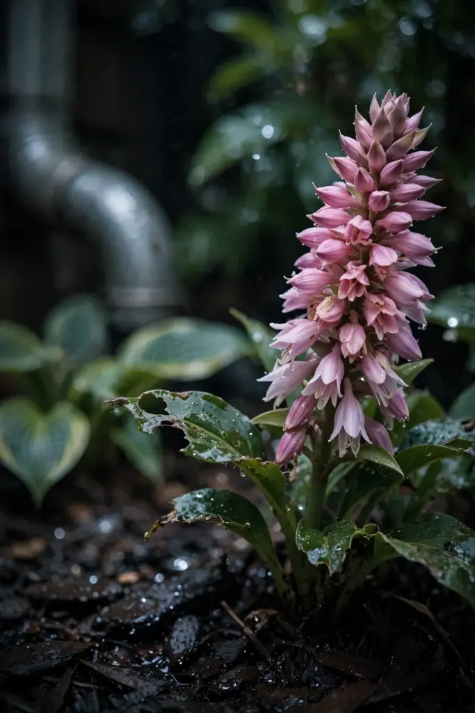 Pink turtlehead hooded flowers standing stiff in a wet shade corner