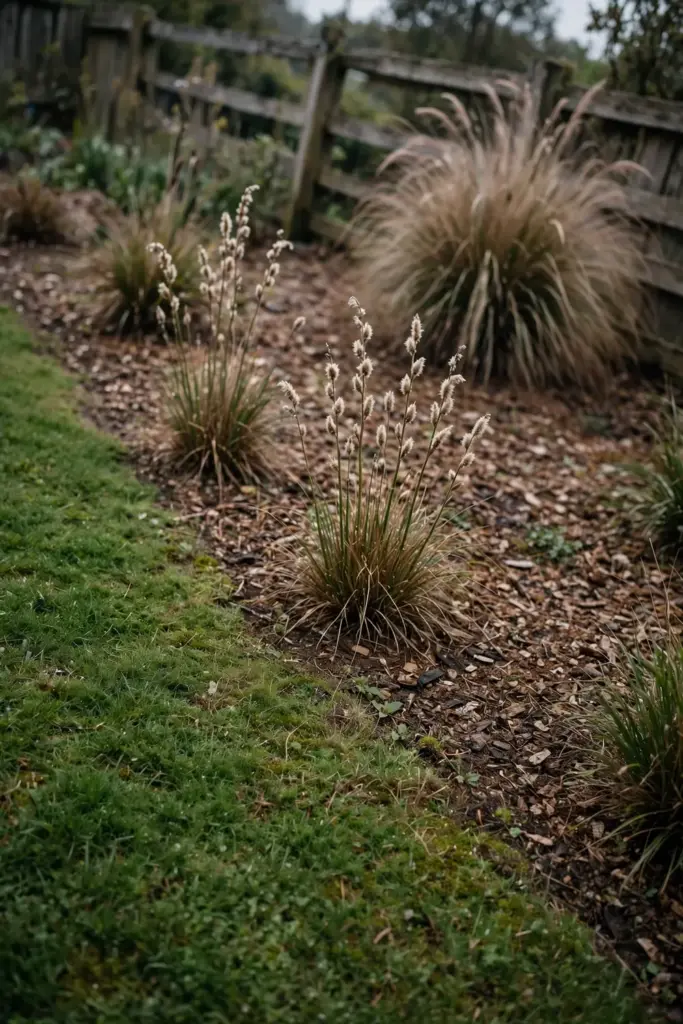 Lawn grass mat beside native tussocks and an ornamental clump in one garden bed