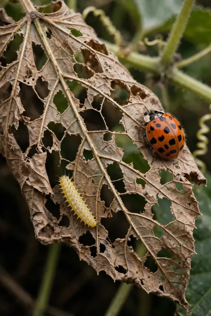 Orange 28-spotted ladybird on a skeletonised pumpkin leaf
