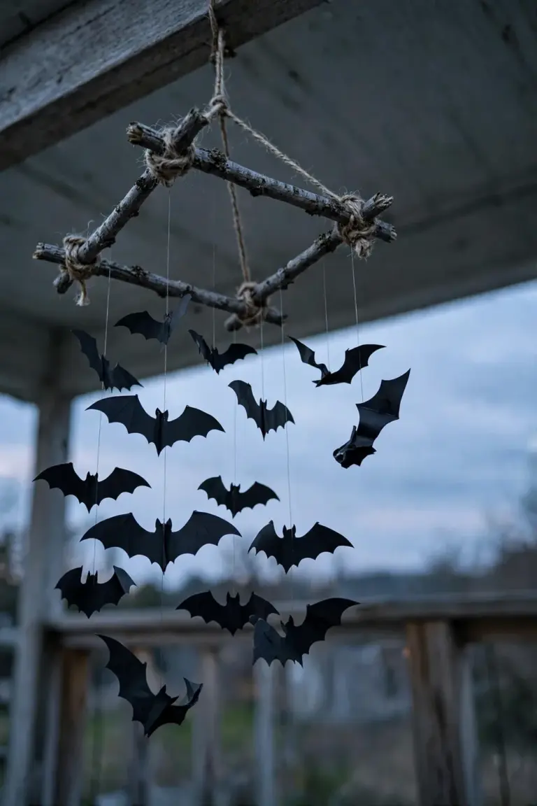 A twig-frame mobile with twelve black paper bats hanging at uneven lengths from a porch beam