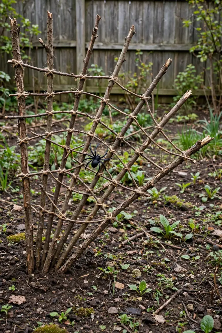 A twig trellis woven like a spider web in a garden bed, a large plastic spider at its center