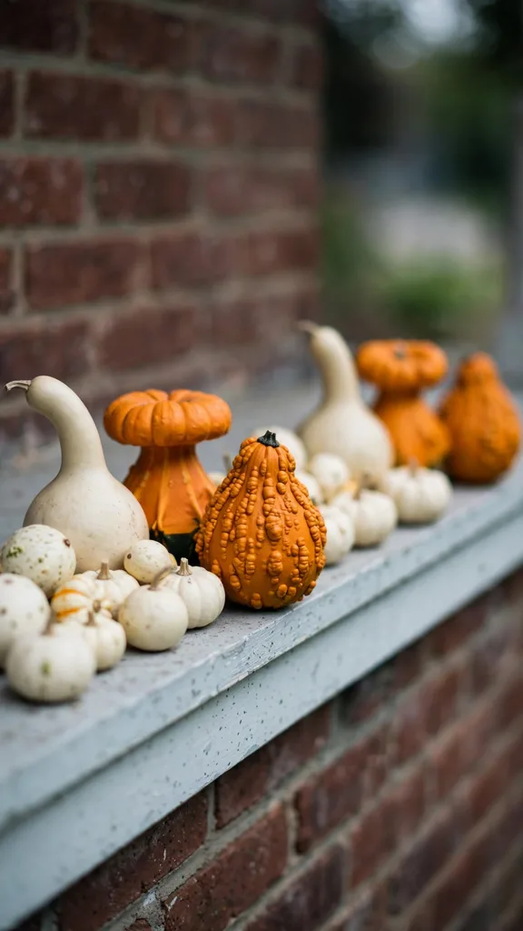 Cream and orange gourds arranged in alternating bands on a porch ledge