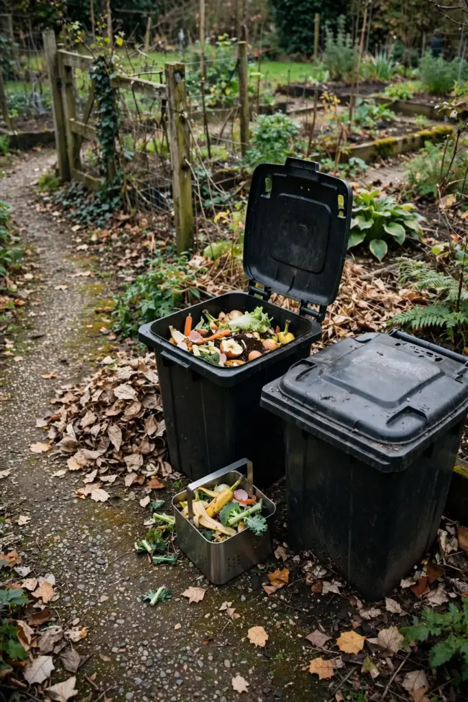 Two compost bins side by side: one filling with scraps, one curing
