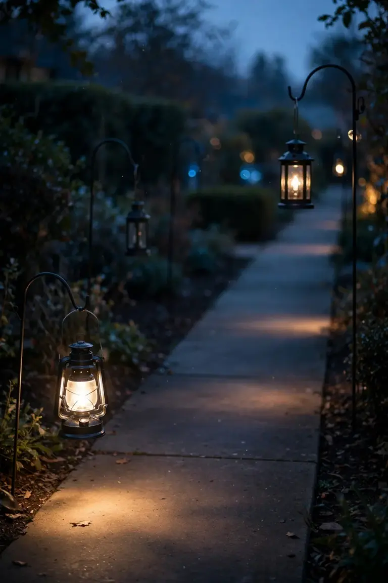 Lanterns hung at two heights on shepherd's hooks along a path, warm light glowing at dusk
