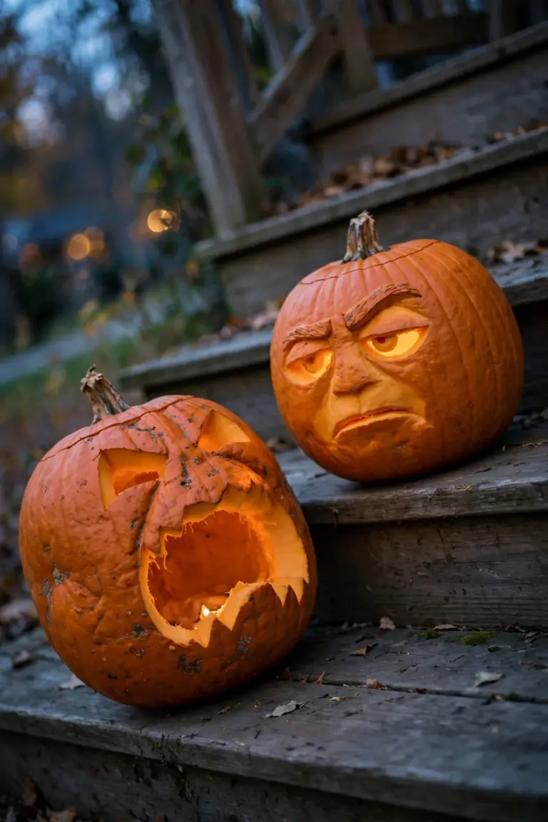 Two carved pumpkins angled toward each other on porch steps like a comedy duo mid-conversation