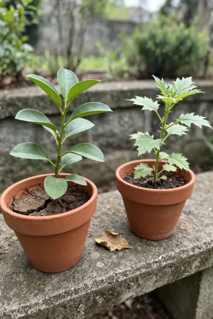 Two similar leafy stems in separate pots with different leaf margins