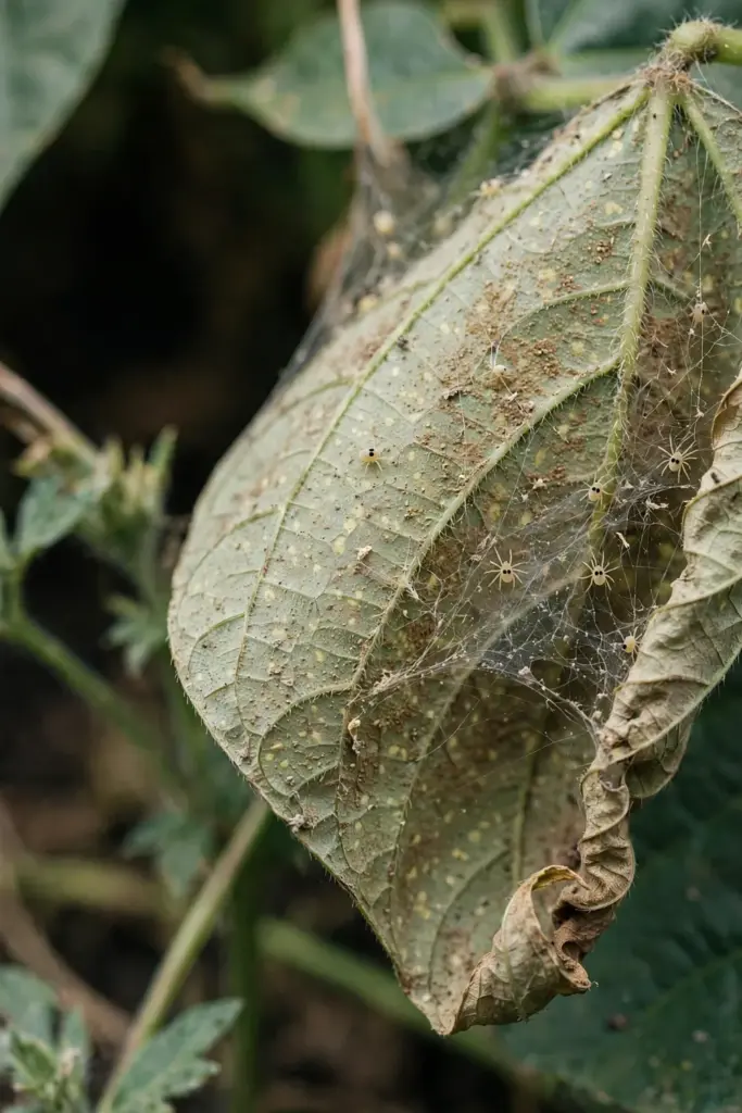 Fine webbing and bronzed stippling on a mite-damaged leaf underside