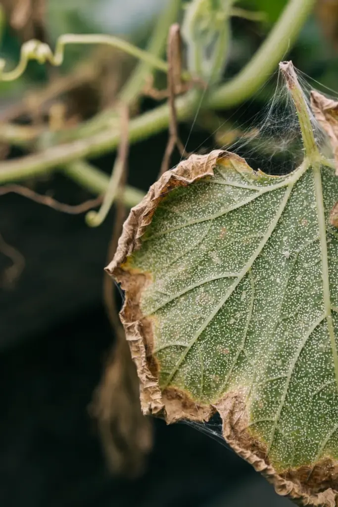 Fine webbing and pale stippling on a mite-damaged pumpkin leaf