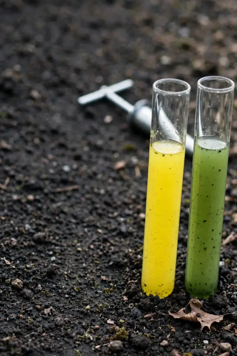 Two soil test tubes compared, one acidic yellow and one near-neutral green