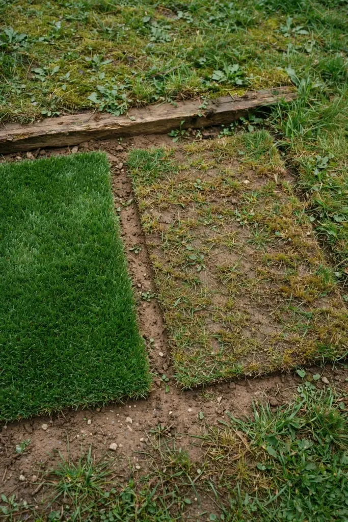 Two turf squares side by side on soil, one dense and one thin