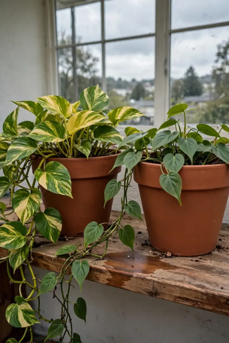 Pothos and philodendron growing in identical pots, side by side