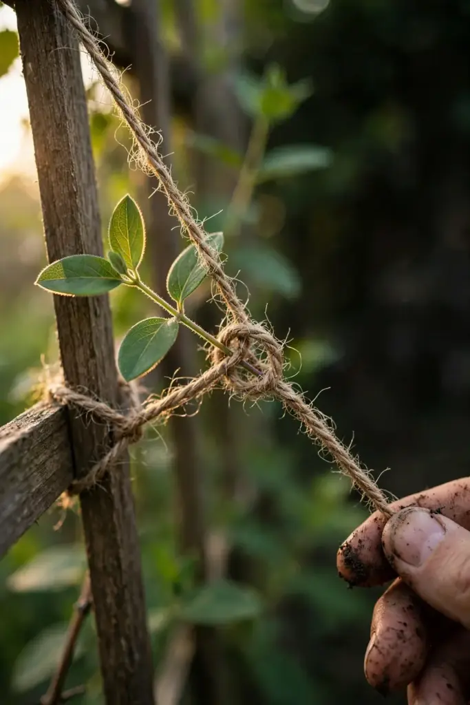 Hand tying a young honeysuckle stem to a wooden trellis with twine