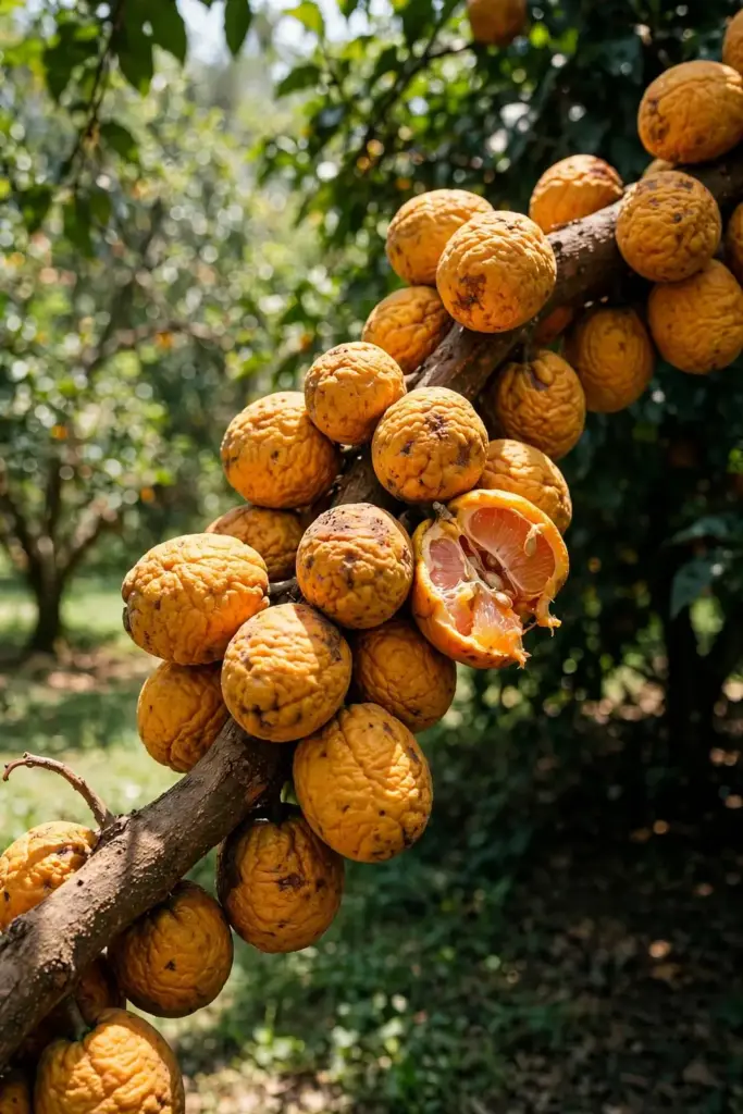 Ugli branch laden with ripe wrinkled fruit bending under the weight