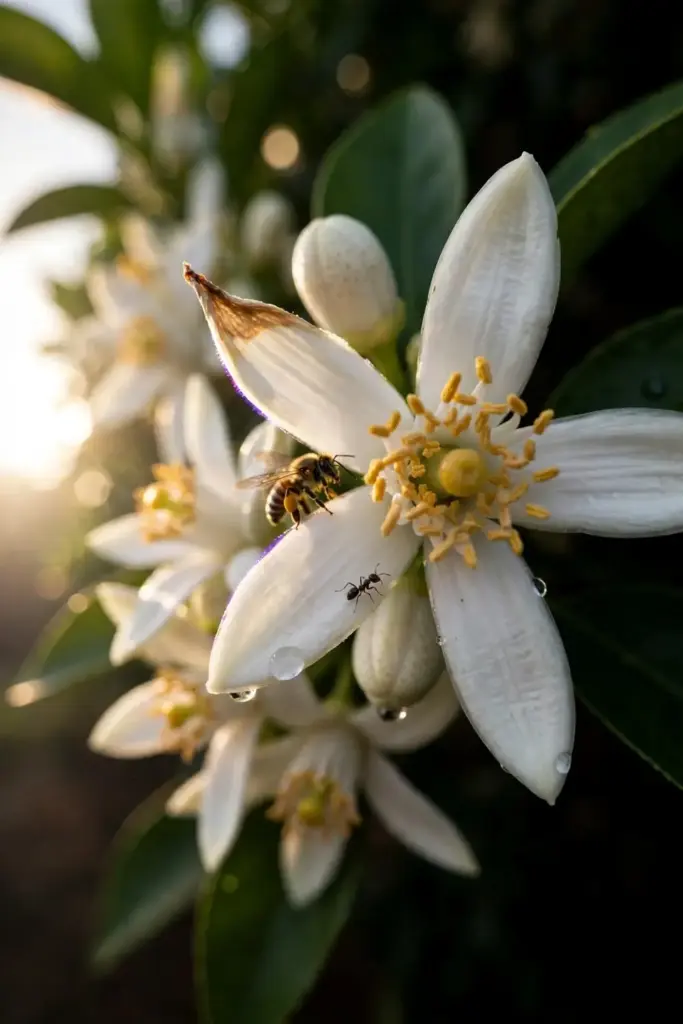 White ugli citrus blossoms with yellow stamens and a visiting bee