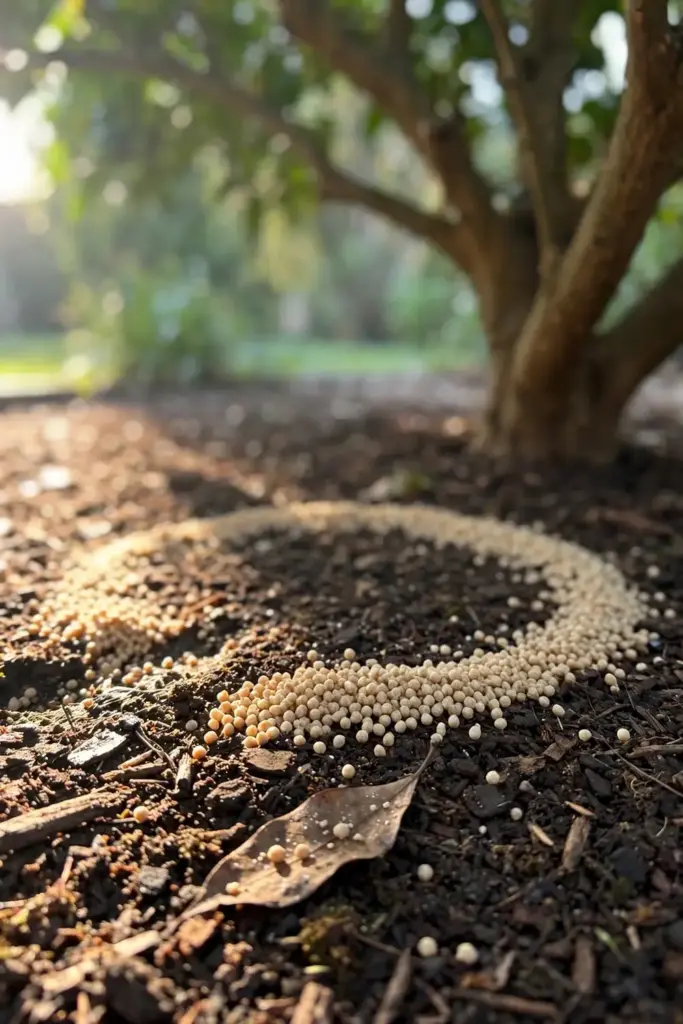 Granular citrus fertilizer scattered in a ring under an ugli tree canopy