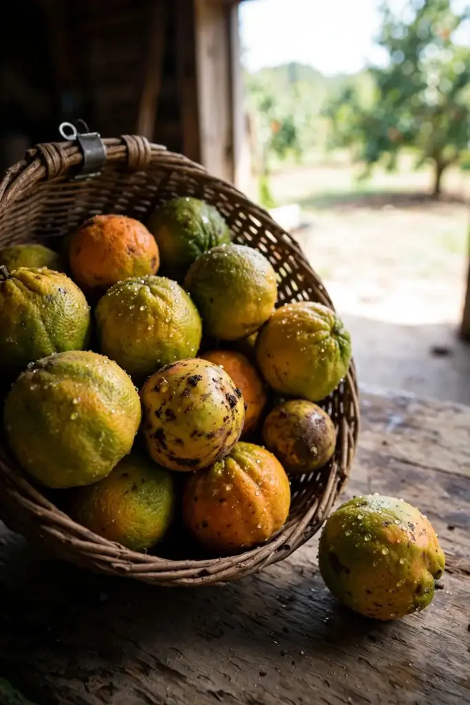 Woven basket overflowing with freshly picked ugli fruits in mixed colors