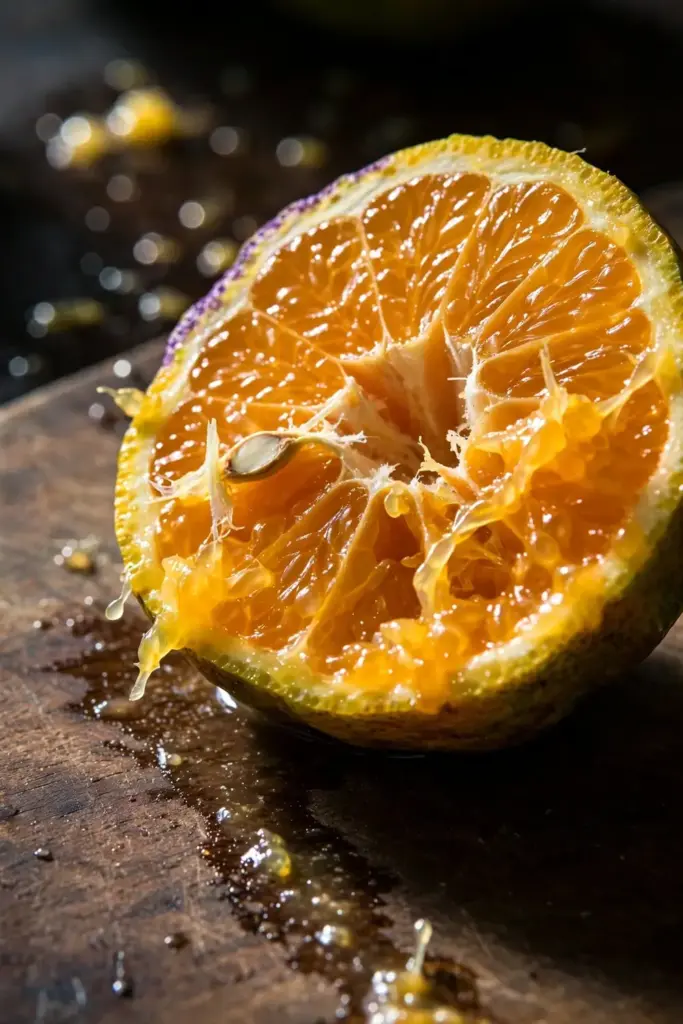Halved ugli fruit showing juicy orange segments and pale seeds in macro