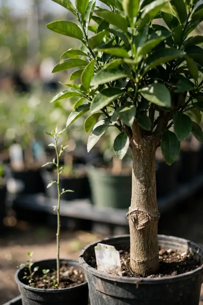 Grafted ugli tree in nursery pot beside a small seed-grown seedling