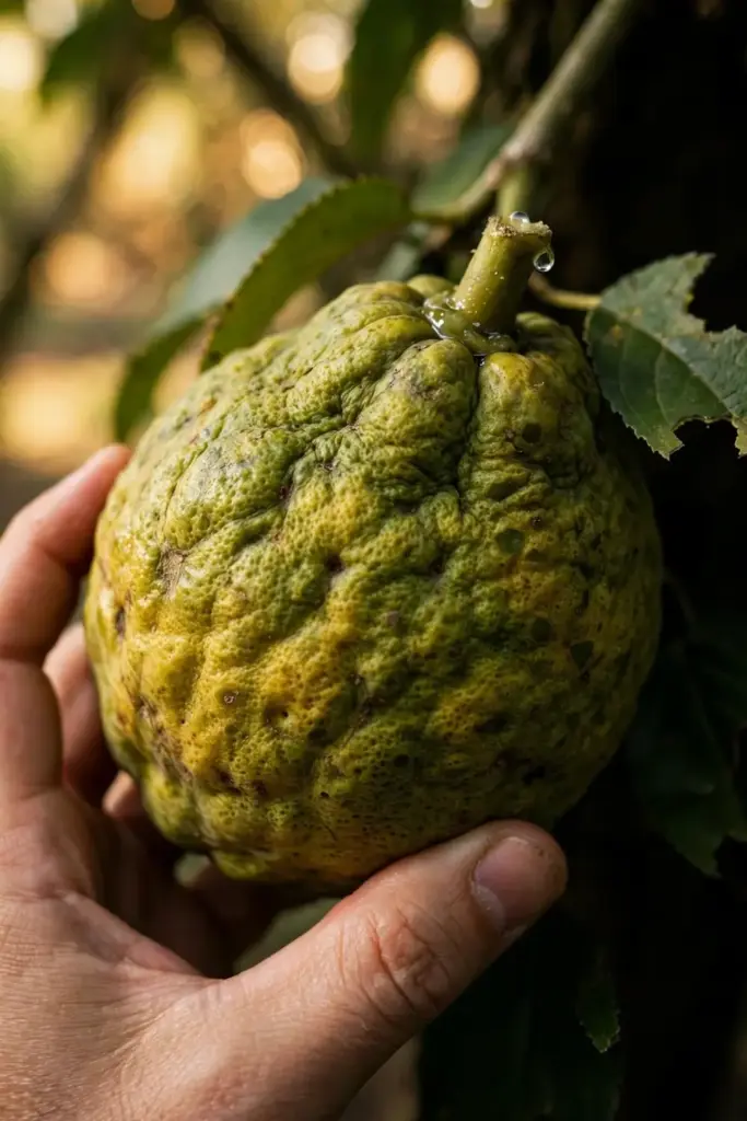 Hand holding a freshly cut ugli fruit with mottled green-yellow rind