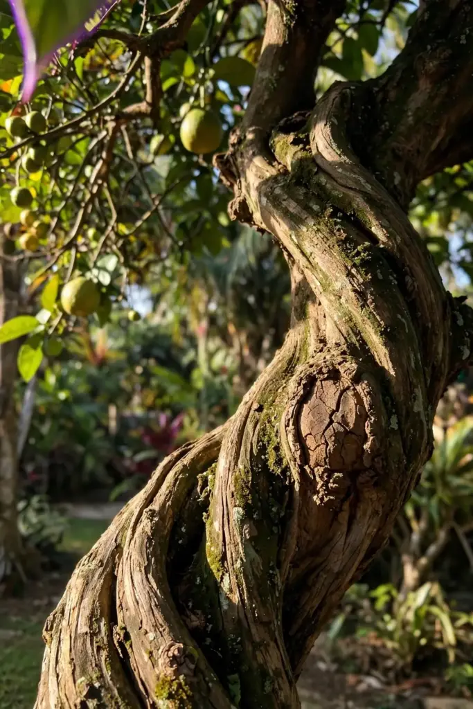 Gnarled old Jamaican tangelo tree with twisted trunk in a tropical garden