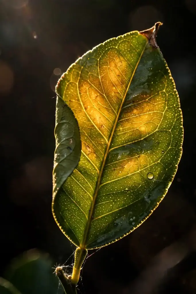Single glossy ugli citrus leaf backlit showing vein detail in macro