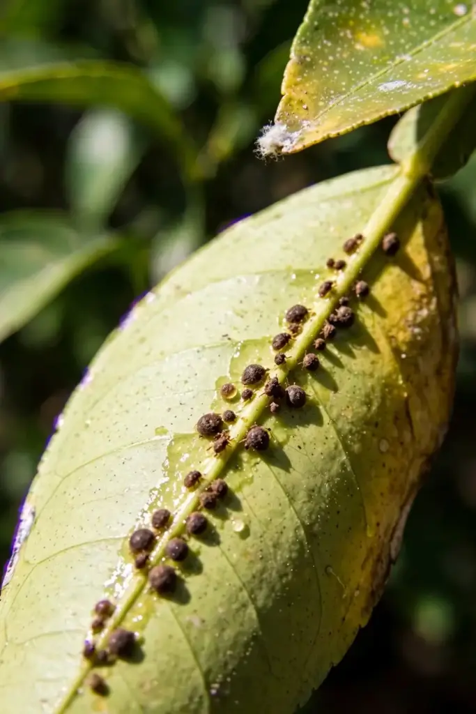 Ugli citrus leaf underside with brown scale insects along the midrib