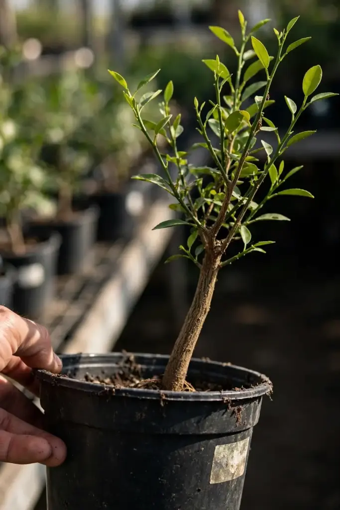 Hand steadying a potted grafted ugli tree at a nursery
