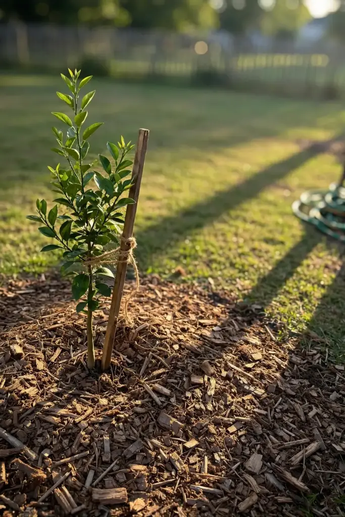 Young ugli tree in a mulched bed with wide spacing around it