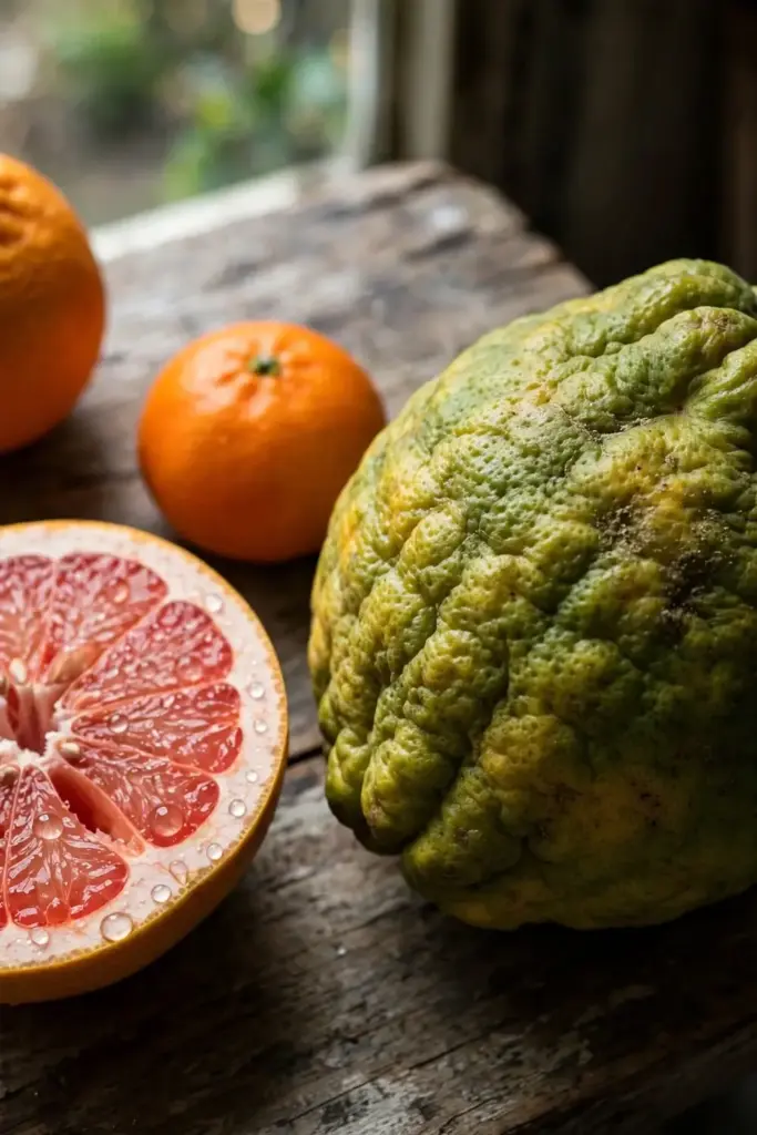 Ugli fruit beside tangerine, grapefruit half, and Seville orange on weathered wood