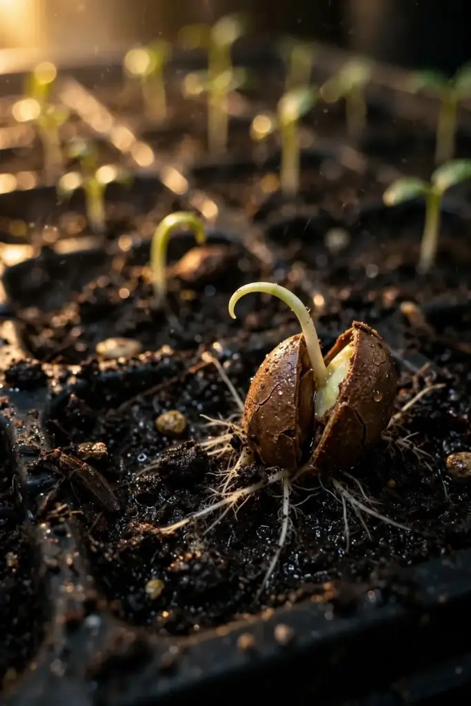 Ugli citrus seed sprouting in a seed tray of dark moist mix