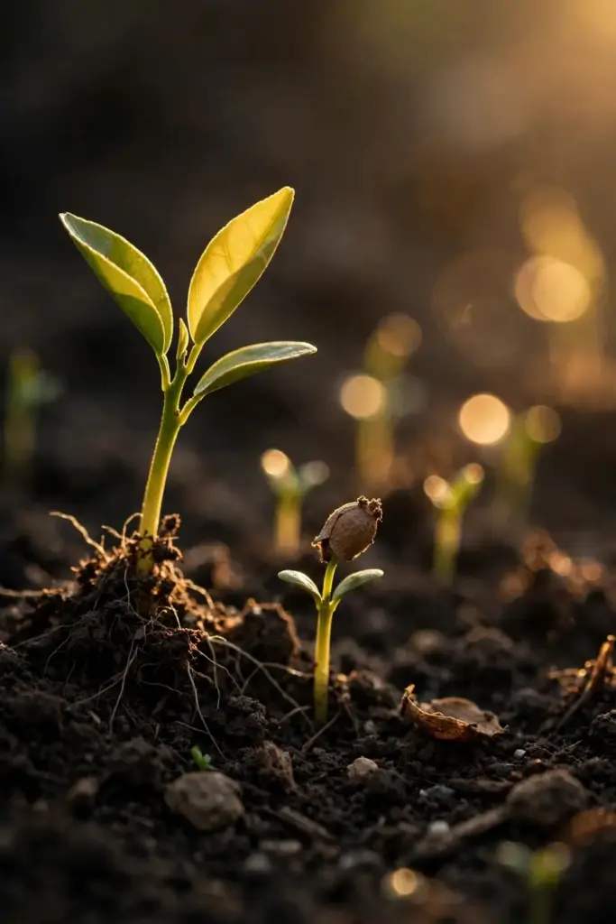 Young ugli citrus seedlings at successive stages in dark soil