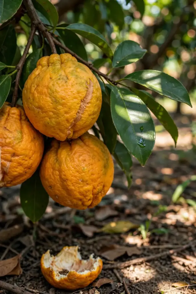 Ripe ugli fruits hanging among glossy leaves on the tree