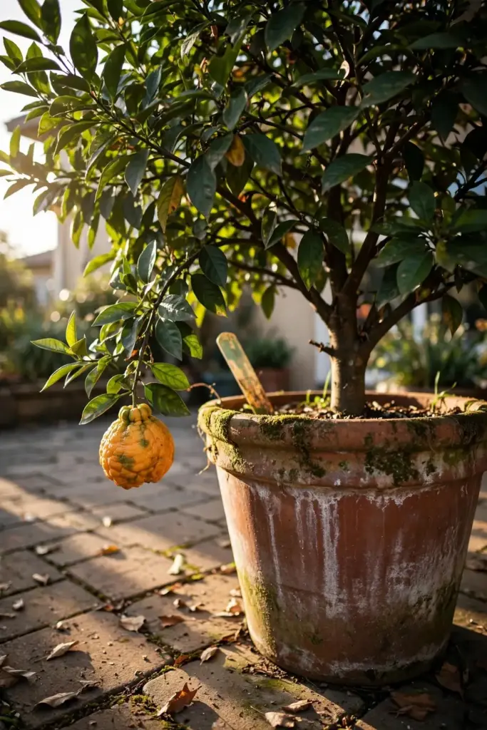 Healthy ugli tree growing in a large terracotta pot on a sunny patio