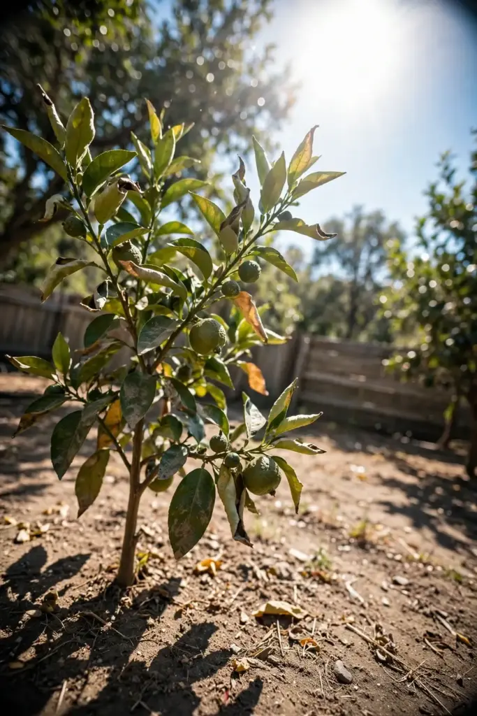 Young ugli fruit tree in full sun in a warm backyard orchard