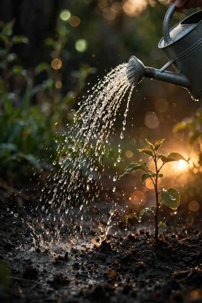 Hand tipping a watering can over the root zone of a young ugli tree