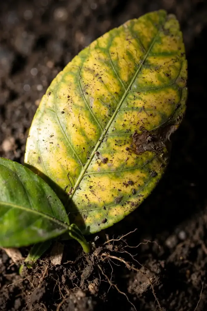 Ugli citrus leaf showing yellow mottling with green veins held over soil