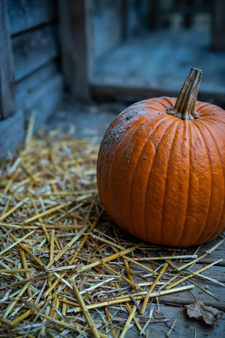 One sturdy uncarved pumpkin resting on a bed of straw in a shady porch corner
