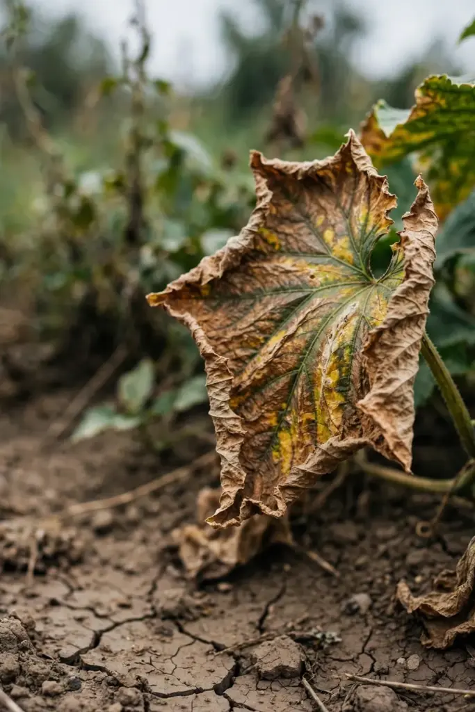 Cucumber leaf with dry crisp brown edges from underwatering