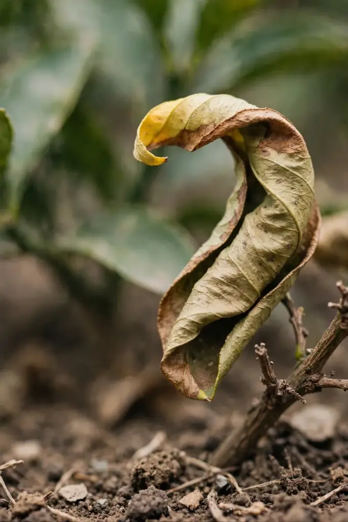 Citrus leaf with yellow tip, brown crisp edge, and curl