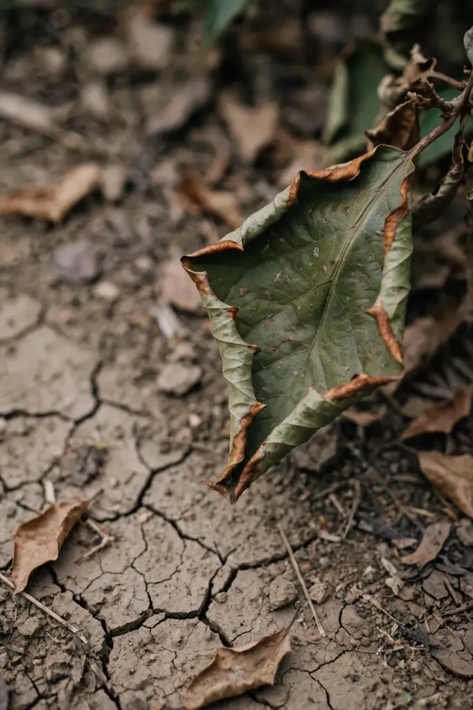 Lilly pilly leaf with dry brown tips and curling edges in dry soil